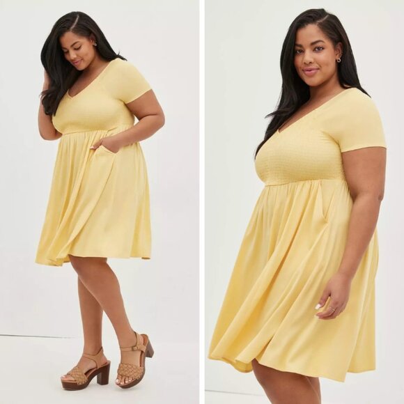 torrid Dresses & Skirts - Torrid Mini Challis Smocked Skater Dress in Butter Yellow